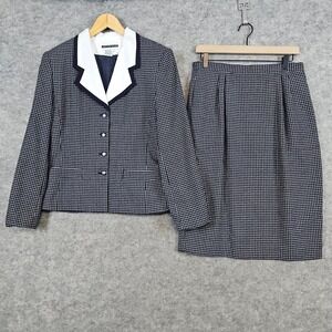 Jennifer Moore Skirt Suit Women's Size 12 Blazer Skirt Navy White Windowpane